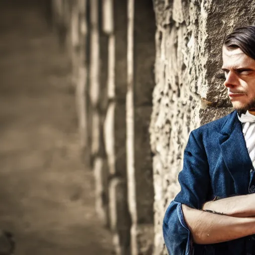 Image similar to Portrait of a terrified young man on the verge of tears in 1930s attire with long hair cornered against a stone wall. He is looking utterly panicked and distressed. 4K sigma 85mm