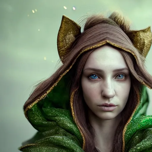 Prompt: hyperrealistic mixed media portrait of an female elf with messy brown hair and a green cloak, stunning 3d render inspired art by Lars Grant-West + perfect facial symmetry + dim volumetric lighting, ornate flowing robes, 8k octane beautifully detailed render, post-processing, extremely hyperdetailed, intricate, epic composition, grim yet sparkling atmosphere, cinematic lighting + masterpiece, trending on artstation, Art Nouveau