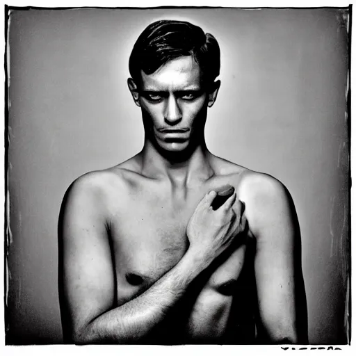 Image similar to portrait of a man, in the style of helmut newton, black and white