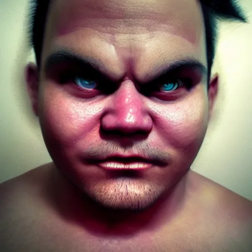 Prompt: pudge from dota 2, detailed, artstation, creepypasta, 4 k, red eyes, real life old photo, smooth, photo in motion, realistic