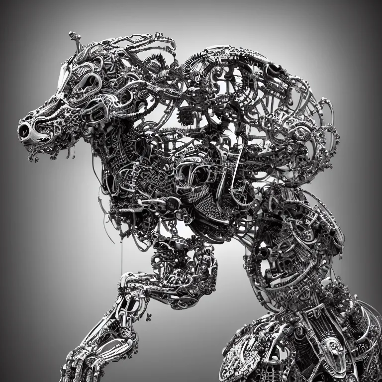 Image similar to surreal biomechanical spinal ribbed tribal exotic organic animal mechanical cyborg, beautiful detailed intricate insanely detailed BW 3D render digital art, octane render, 8K artistic photography, photorealistic