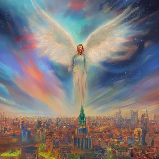 Image similar to beautiful oil painting of biblically accurate angel, night sky clouds, green lightning, above city, high detail, trending on art station