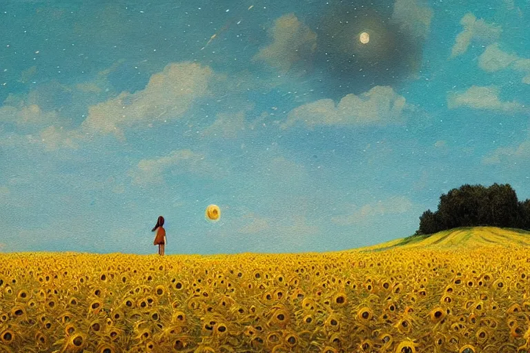 Image similar to giant sunflower as a head, girl walking in wheat field, hills, surreal photography, dark night, star trails, dramatic light, impressionist painting, clouds, digital painting, artstation, simon stalenhag