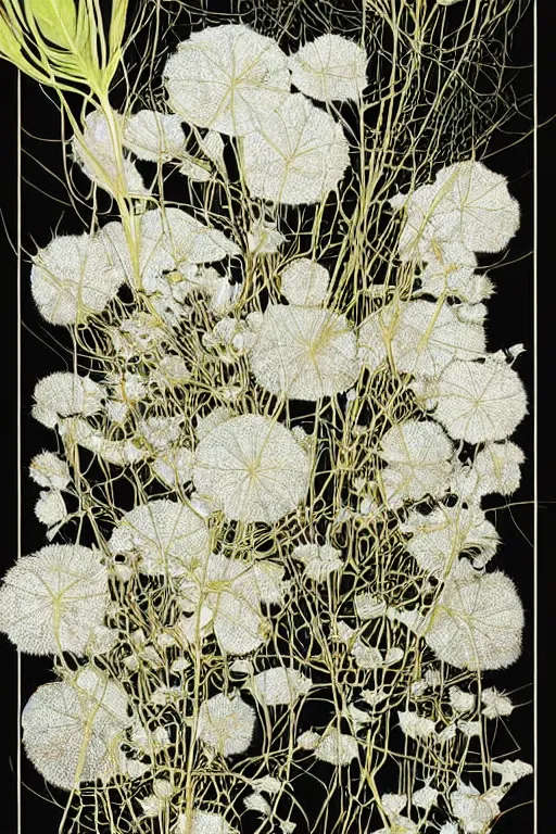 Prompt: herbarium, highly detailed, ( ( fantasy plants ) ), cool white, thin gold details, black background, centered composition, intricate digital painting by denis sarazhin, victo ngai, post processing, color grading