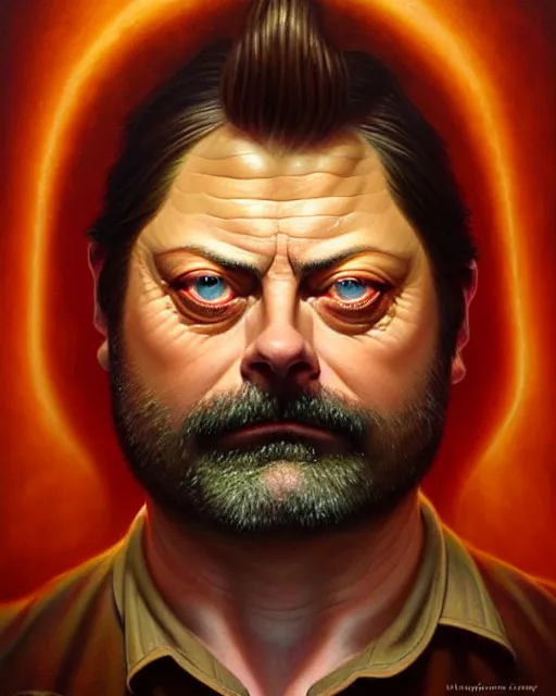 Image similar to detailed portrait of nick offerman offal!! organ meats by tomasz alen kopera and peter mohrbacher and johanna martine! and margaret keane! coherent luminescent