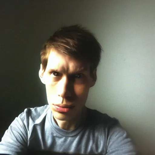 Image similar to A photograph of Jerma in the late 2000s with an emo haircut taking a selfie of himself in his new Interpol shirt, frowny face, taken in the late 2000s, taken on the iPhone 1, realistic, hyperrealistic, very realistic, highly detailed, very detailed, extremely detailed, detailed, oil painting, digital art, trending on artstation