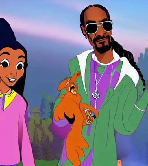 Image similar to Snoop Dogg as a Disney princess, animated movie still.