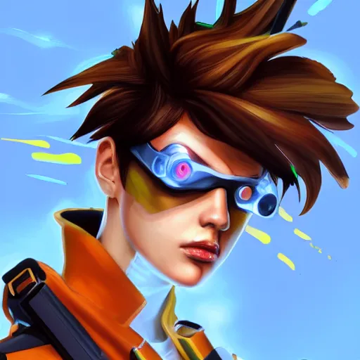 Prompt: digital cell shaded painting of tracer, detailed face, detailed expression,