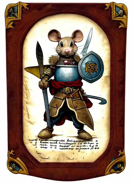 Image similar to a porcelain heroic mouse knight with sword and shield on a parchment background, redwall, greg rutowski and jean baptiste monge, detailed, epic fantasy