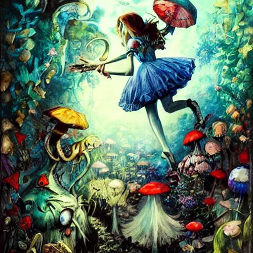 Image similar to alice in wonderland tripping on shrooms, intricate detail, painting, royo, frazetta, whealan,