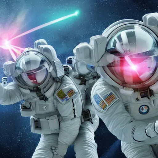 Image similar to futuristic soldiers in spacesuits firing lasers in zero gravity, floating polygon shapes as obstacles, surrounded by a laser grid