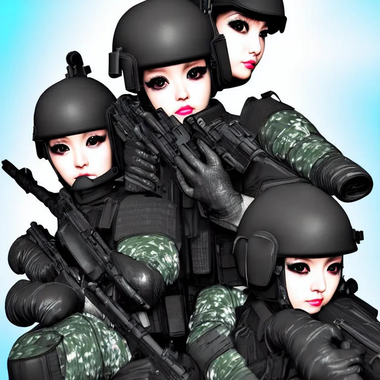 Image similar to kawaii swat team, fashion, photography, highly detailed, realistic, waporwave atmosphere