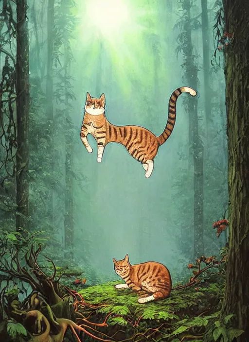 Image similar to a hyper realistic cat god with happy lighting and technology jewelry in the woods gorgeous lighting, sunbeams blue sky, lush forest foliage painting by chiara bautista and beksinski and norman rockwell and greg rutkowski weta studio, and lucasfilm