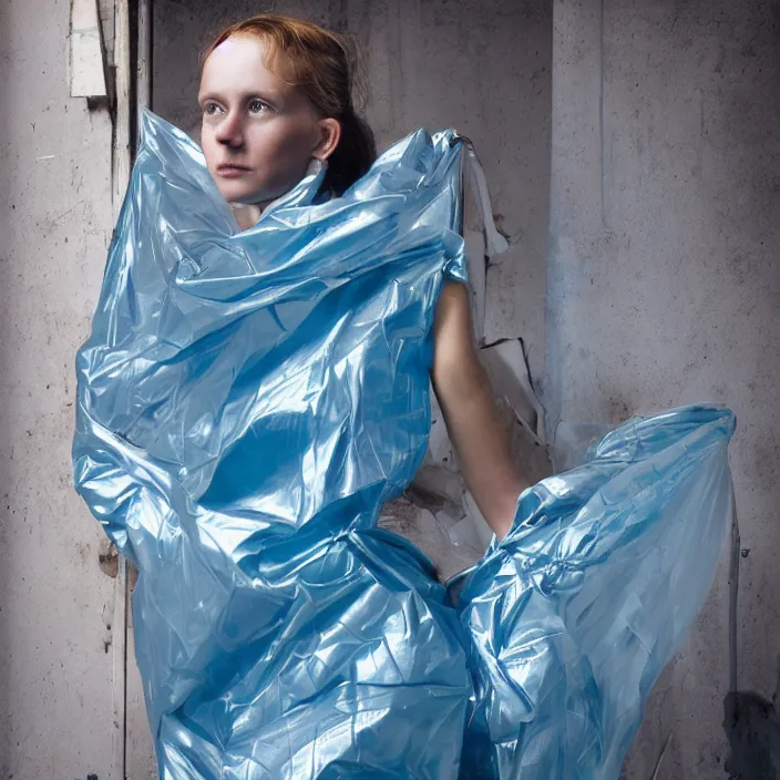 Prompt: closeup portrait of a woman wrapped in blue cellophane, standing in an abandoned factory, color photograph, by john currin, canon eos c 3 0 0, ƒ 1. 8, 3 5 mm, 8 k, medium - format print