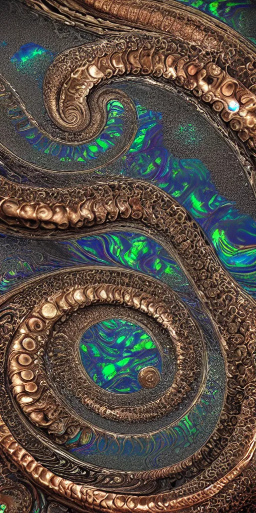 Prompt: art nouveau cresting oil slick waves, ammonite, hyperdetailed bubbles in a shiny iridescent oil slick wave, black opals, ornate copper patina spiral ornament, rococo, organic rippling spirals, hyperdetailed photorealistic ultrasharp octane render