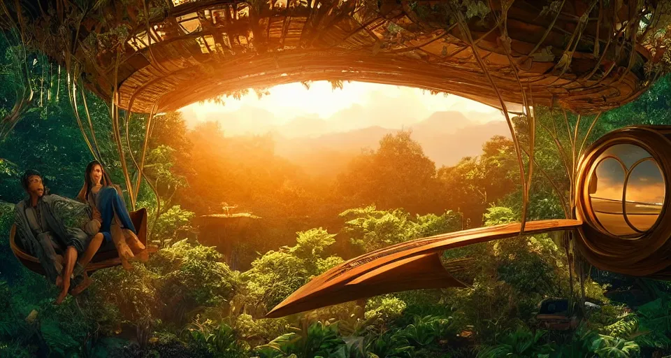 Prompt: An incredibly beautiful scene from a 2022 sci-fi film featuring a cozy art nouveau reading nook inside a fantasy treehouse. Golden Hour. 8K UHD.