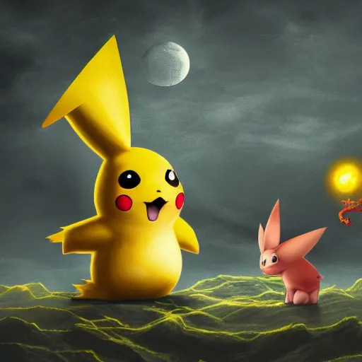 Prompt: pikachu and a demigorgon, digital art, eldritch, 8 k resolution, serene, fantasy