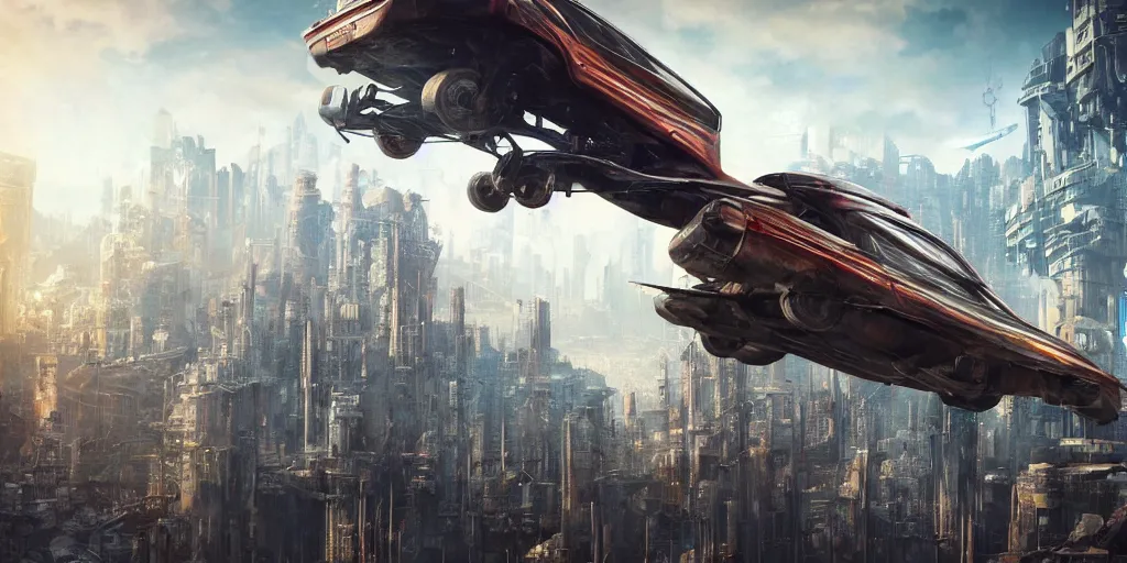 Image similar to Detailed photo of a flying car hovering over dystopian cyberpunk city, concept art, sharp focus, atmospheric, trending on artstation!dream Detailed photo of a flying car hovering over a dystopian cyberpunk city, concept art, sharp focus, atmospheric, trending on artstation, detailed