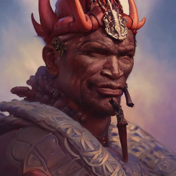 Image similar to portrait of an oni chieftan, painted portrait, 4k, trending on artstation, octane render, art by artgerm and greg rutkowski and alphonse mucha and craig mullins and James Jean and Andrei Riabovitchev and Marc Simonetti and peter mohrbacher