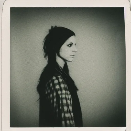 Image similar to polaroid depicting an emo woman as an exhibit in an art gallery