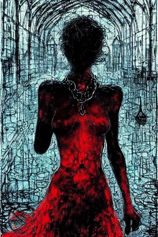 Image similar to dreamy gothic girl, black leather slim clothes, chains, red water, beautiful body, detailed acrylic, grunge, intricate complexity, by dan mumford and by alberto giacometti, peter lindbergh