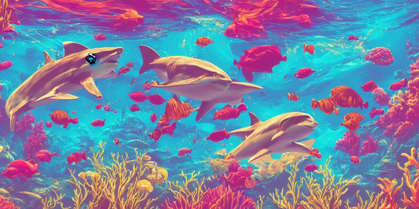 Prompt: a retrowave aesthetic style artwork of a shark underwater, coral reef, colorful, lush, fish, spacetime bending, very detailed, serene, gold accents, washed out colors, beautiful artwork, master level composition, raytracing