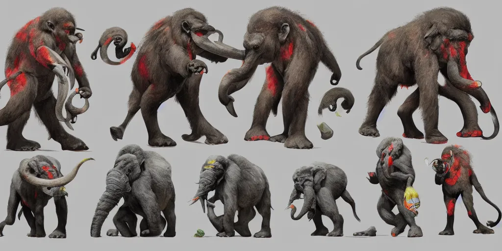 Image similar to Fungi Gorilla Elephant creature character design sheet, Monster Hunter Illustrations art book, Bright colored accent on its fur, claws, muscular, spores, Moebius, Greg Rutkowski, Zabrocki, Karlkka, Jayison Devadas, Phuoc Quan, trending on Artstation, 8K, ultra wide angle, zenith view, pincushion lens effect.