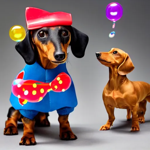 Image similar to photo a dachshund wearing a hot dog outfit, blowing soap bubbles, doing tricks, award winning