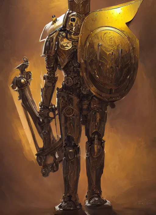 Prompt: dynamic portrait of a intricate glorious holy mechanical warforged pit droid character in yellow armor holding a paladin engraved great longsword and carrying a big shield, epic , trending on ArtStation, cinematic lighting, by Jesper Ejsing