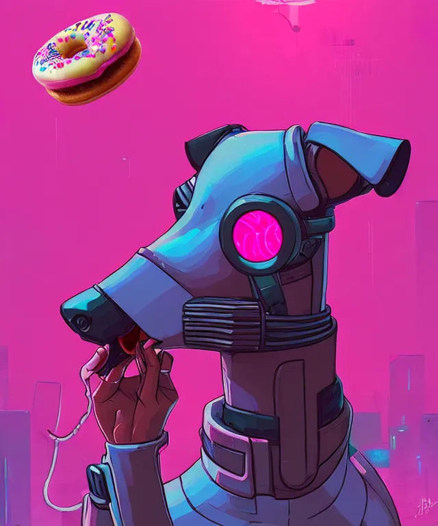 Image similar to a portrait of an anthropomorphic cyberpunk greyhound dog eating a pink donut, cyberpunk!, cyberpunk cityscape background, fantasy, elegant, digital painting, artstation, concept art, matte, sharp focus, illustration, art by josan gonzalez