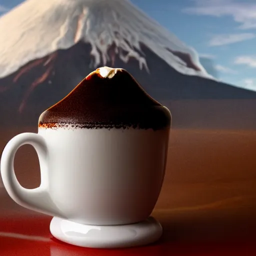 Prompt: coffee cup with a volcano erupting inside of the whipped cream on top of the cup