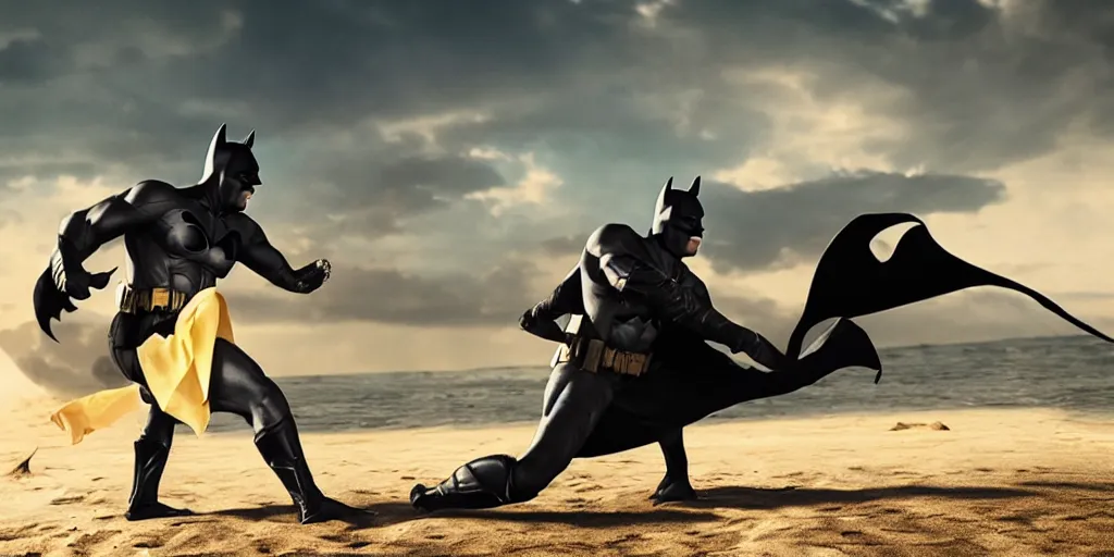 Image similar to batman performing kalaripayattu on a beach, cinematic, color graded, volumetric lighting, octane render, ultra realistic