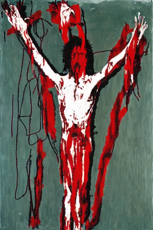 Image similar to bloody jesus christ crucified painted by cy twombly, basquiat and andy warhol