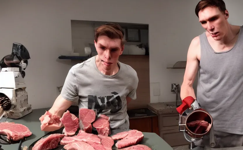 Prompt: jerma putting an arm in a meat grinder