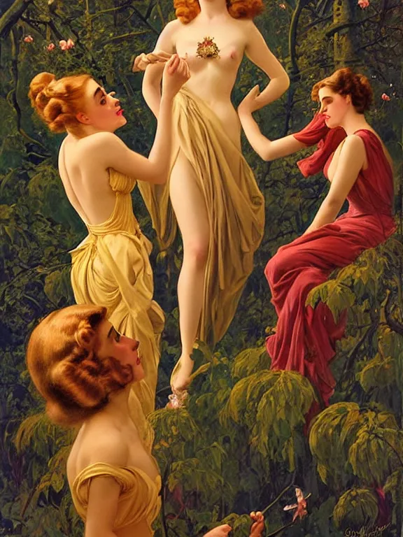 Prompt: Kiernan shipka as the three graces, a beautiful art nouveau portrait by Gil Elvgren and Gerald Brom, Moonlit forest environment bonfire, centered composition, defined features, golden ratio, golden jewelry