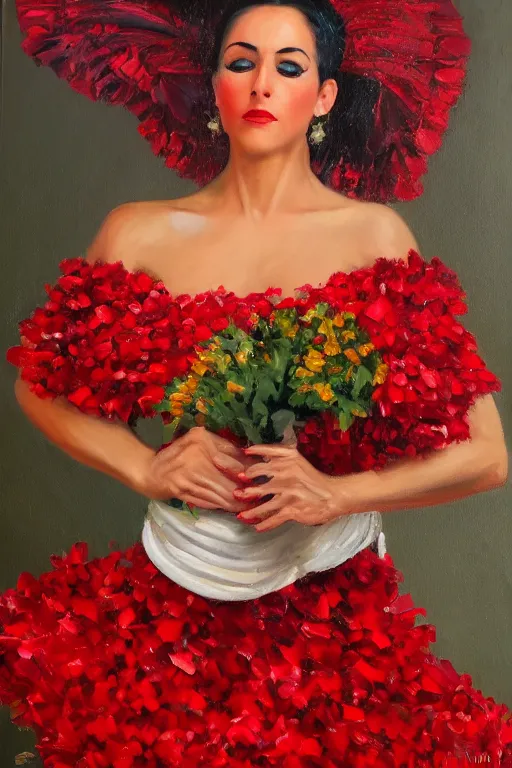 Image similar to oil painting of spanish flamenco dancer in mallorca wearing a red dress made of flowers, dimly lit, photo realistic, extreme detail skin, no filter, slr, 4 k, high definition