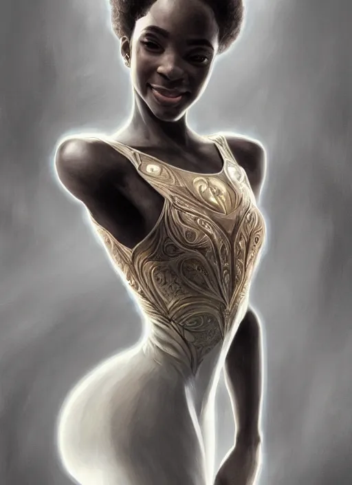 Image similar to ultra realistic illustration, smiling nubian prima ballerina, sci - fi, fantasy, symmetrical face, intricate, elegant, highly detailed, digital painting, artstation, concept art, smooth, sharp focus, illustration, art by artgerm and alphonse mucha