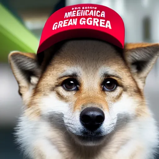 Prompt: doge wearing a make america great again cap, realistic, super detailed, wide shot, 8 k,