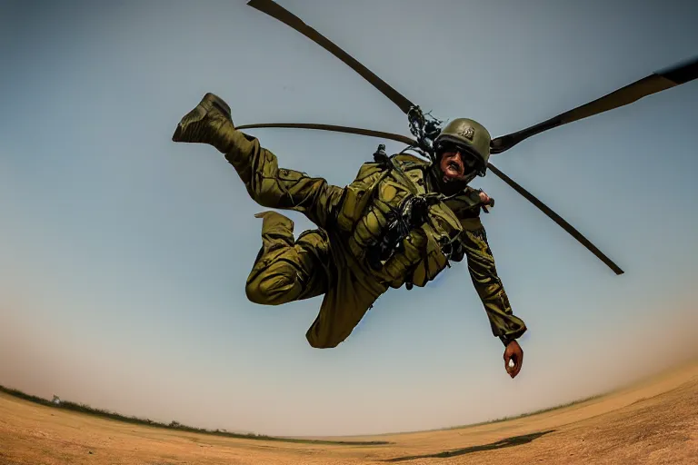 Image similar to closeup portrait of bangladesh army commander jumping from a helicopter, gopro cinematic shot, motion still, atmospheric