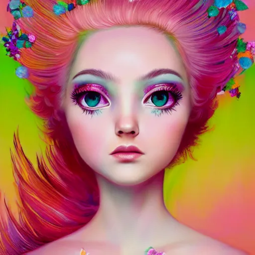 Image similar to a divine feminine woman, pink hair, rosey cheeks, sparkles on eyelids, surrounded by lush flowers and feathers in bright abstract colours, ultra realistic digital painting, artstation, concept art, pop, smooth, sharp focus, illustration, art by mark ryden, and lisa frank 3 d 8 k ultra detailed