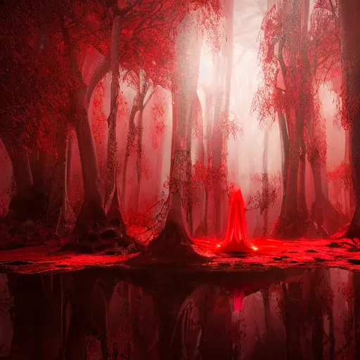 Prompt: crimson forest with a red ghost in it that is being parsed by a large crowd of people in red robes, surreal, sharp focus, digital art, epic composition, concept art, dynamic lighting, intricate, highly detailed, 8 k, unreal engine, blender render