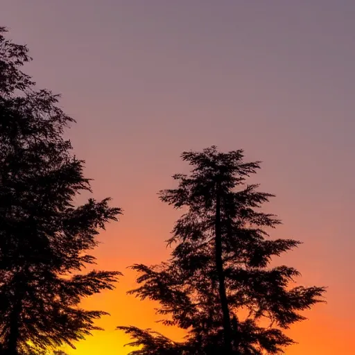 Image similar to calm peaceful wooded mountain during sunset, silhouetted trees against the sky, 8k hd, light reflection, relaxing, alone, first person