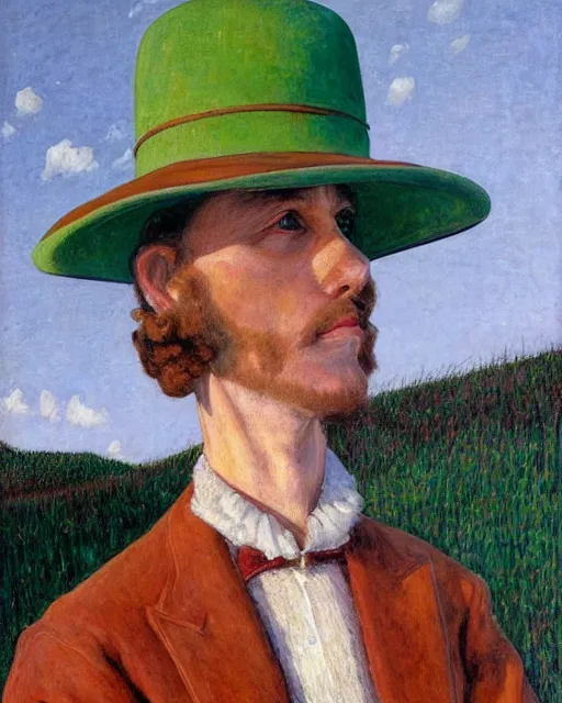 Image similar to a painting of brent spiner with a green hat by ernest bieler, shutterstock contest winner, german romanticism, wimmelbilder, detailed painting, 8 k