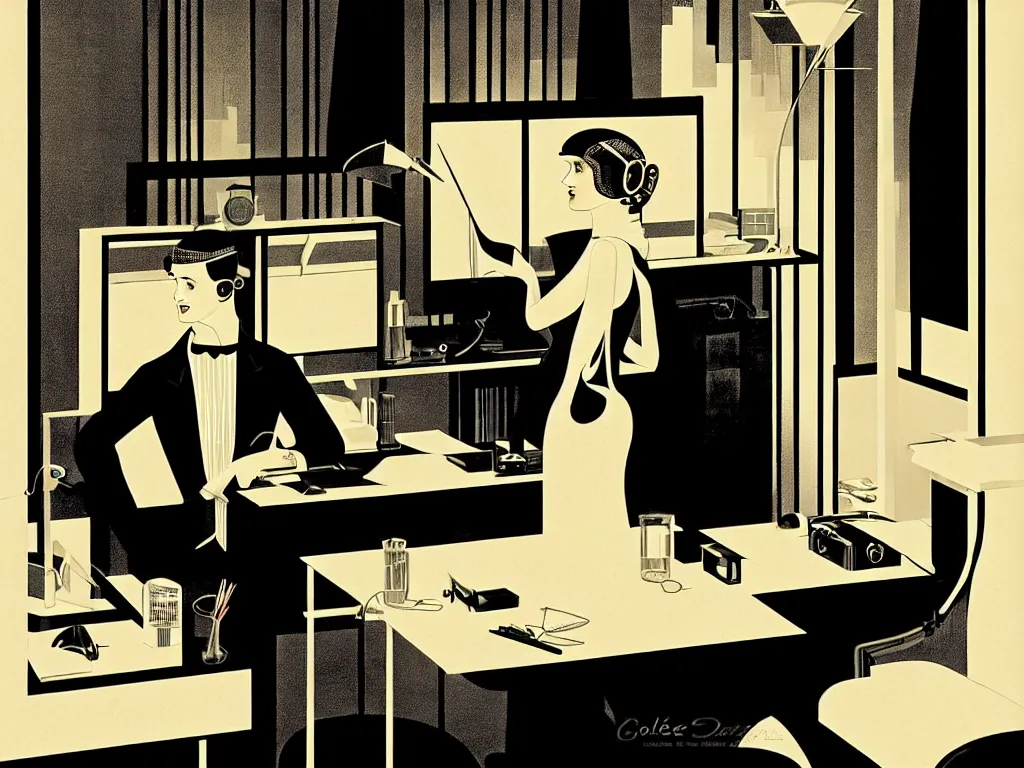 Prompt: a man working by himself, late at night in his office, no one else around, dimly lit, upscale 1920s speakeasy, relaxed pose, art deco, detailed painterly digital art style by Coles Phillips, retro vibe, furaffinity, 🍸, 8k octane beautifully detailed render, post-processing, extremely hyperdetailed, intricate, epic composition, grim yet sparkling atmosphere, cinematic lighting + masterpiece, trending on artstation, very detailed, vibrant colors, Art Nouveau, masterpiece, romanticism