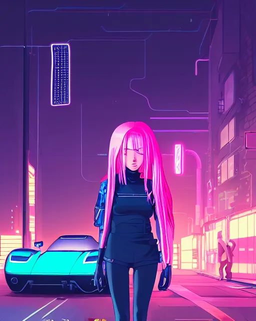 Image similar to digital illustration of cyberpunk pretty girl with pink hair, standing by a blue ford gt in a street at night, under streetlights, by makoto shinkai, ilya kuvshinov, lois van baarle, rossdraws, basquiat