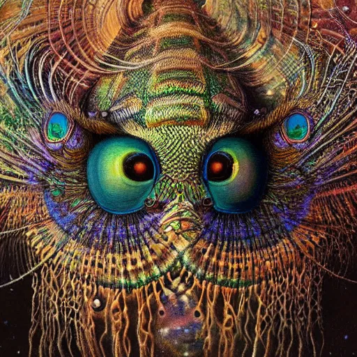 Prompt: intricate stunning highly detailed illustration of a peacock spider with an universe in its head, maratus, salticidae, 🌱, by agostino arrivabene and vladimir kush, digital painting, ultra realistic, dramatic lighting, thick black swirling smoke tornado, artstation