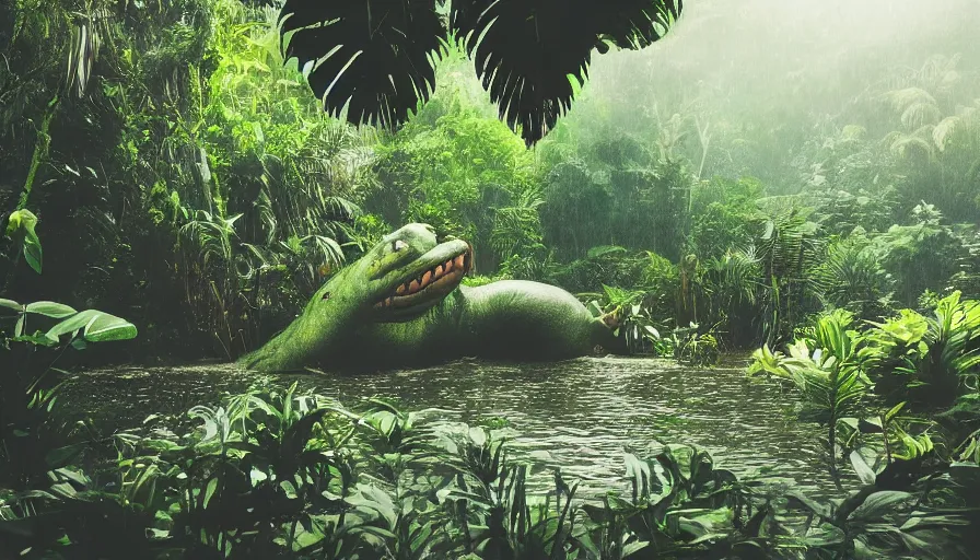 Prompt: a rainy foggy jungle, river with low hanging plants, there is a giant aligator in the water, it is glowing, great photography, ambient light
