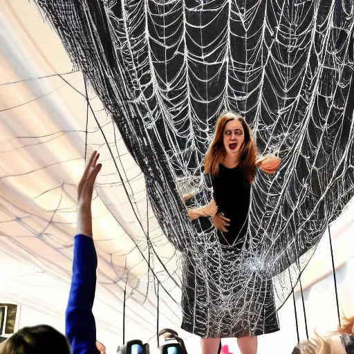 Prompt: emma watson stuck to the ceiling with a giant spider web