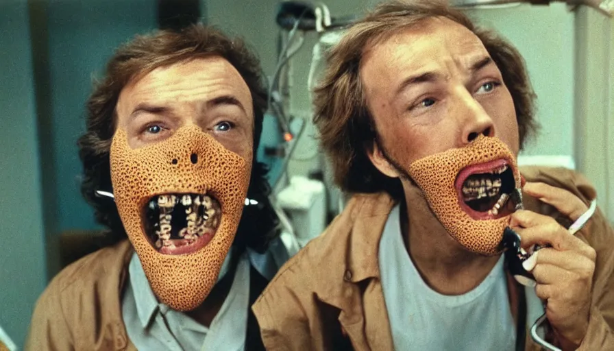 Image similar to 70s movie still of a man yelling with trypophobia mouth in hospital, eastmancolor, heavy grain, high quality, higly detailed, liminal space