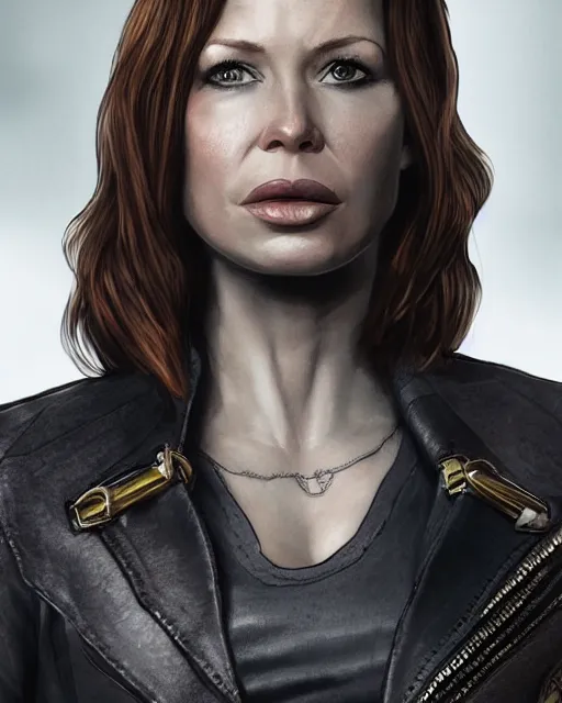 Image similar to Rebecca Ferguson in sons of anarchy tv show, wearing samcrow leather jacket, D&D style , highly detailed, digital art, trending on artstation, smooth, sharp focus, illustration, art by artgem and ROBERT HYNES